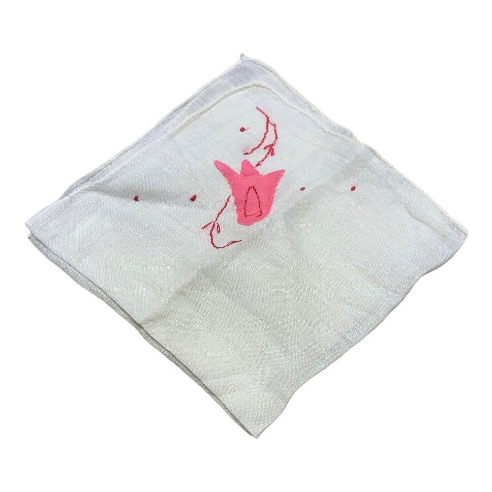 Vintage Hand Embroidered Floral Handkerchief  Pink Tulip Linen Hanky Hankie READ